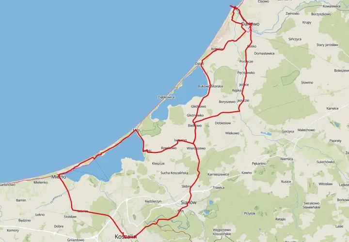 Mapa z zaznaczoną trasą z Koszalina do Mielna. Trasa prowadzi przez Darłowo i wzdłuż wybrzeża.