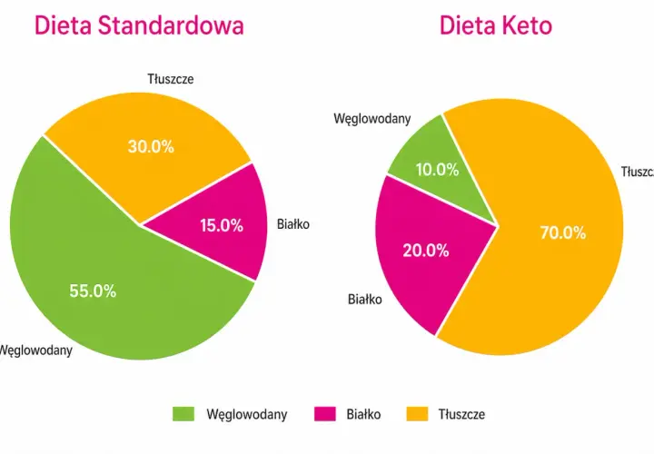 Wykresy porównujące skład diety standardowej (dużo węglowodanów) i diety keto (dużo tłuszczu). Dieta keto efekty widoczne w proporcjach makroskładników.