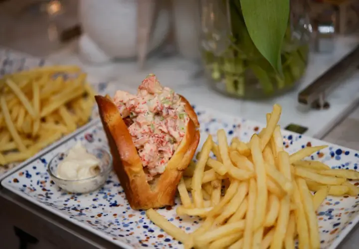 En saftig lobster roll med pommes frites och en liten skål majonnäs. En perfekt lunch!