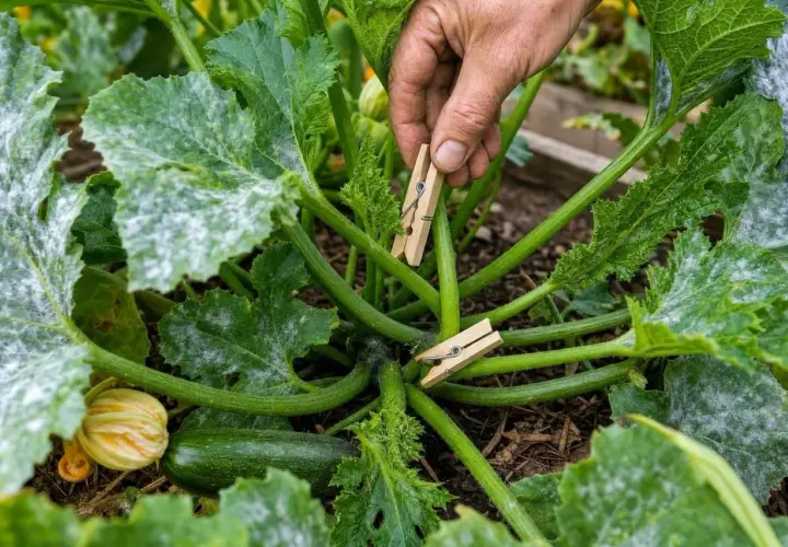 Main d'un jardinier plaçant des pinces à linge sur une courgette atteinte d'oidium. Les feuilles sont couvertes d'une poudre blanche.