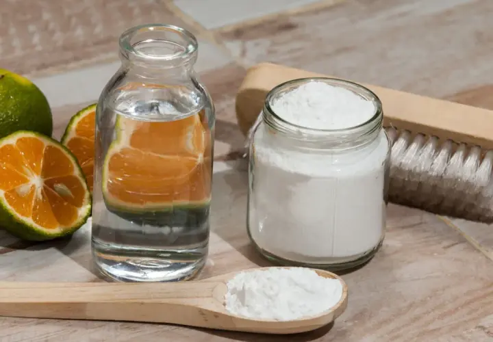 Ingrédients pour nettoyer manteau bicarbonate : citrons verts, eau, bicarbonate de soude et une brosse.