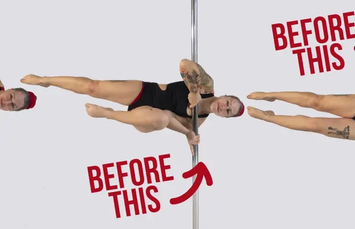 Kobieta wykonuje figury na drążku. Pokazuje progres w **iron pole dance** od trudniejszej pozycji do łatwiejszej.