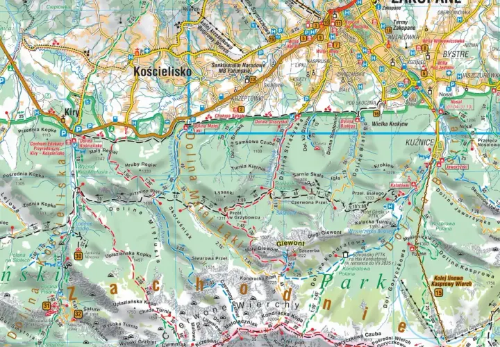 Mapa Tatr z zaznaczonymi szlakami turystycznymi, dolinami (np. Kościeliska, Strążyska) i szczytami. Widać wyraźnie **Nidzicę** i **Zakopane** z licznymi obiektami turystycznymi.