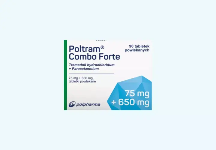 Opakowanie leku Poltram Combo Forte, zawierające 90 tabletek powlekanych tramadolu i paracetamolu.