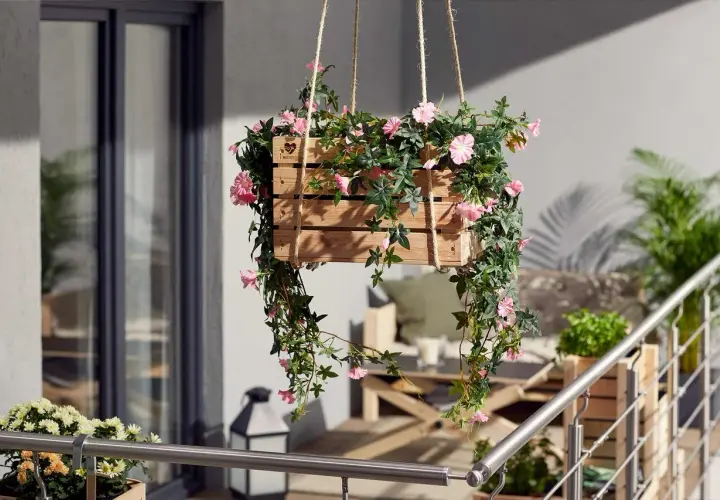 Jolie caisse en bois remplie de fleurs retombantes pour suspension, apportant une touche de couleur et de verdure à un balcon.
