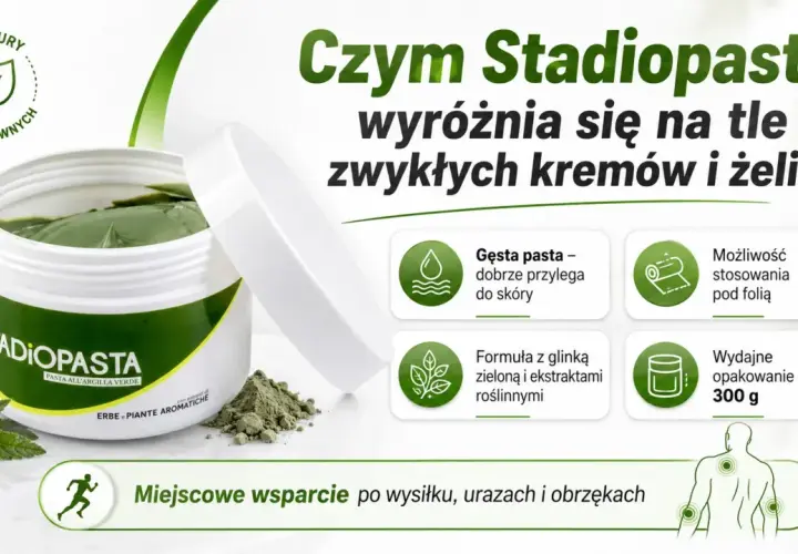 Stadiopasta jak stosować? Gęsta, zielona pasta z glinką i ekstraktami roślinnymi, idealna do stosowania pod folię. Wsparcie po wysiłku.