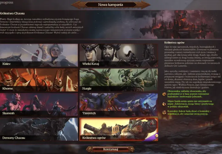 Wybierz jedną z frakcji Total War: Warhammer 3, by rozpocząć nową kampanię.