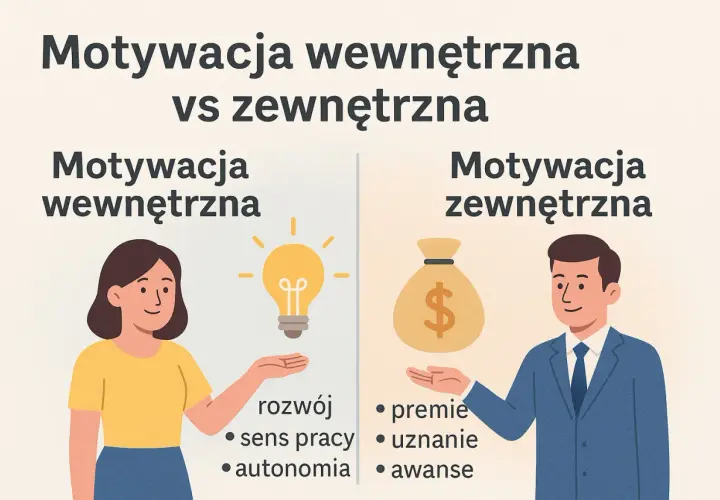 Ilustracja porównuje motywację wewnętrzną (kobieta z żarówką: rozwój, sens pracy, autonomia) i zewnętrzną (mężczyzna z workiem pieniędzy: premie, uznanie, awanse) jako sposoby motywowania pracowników.