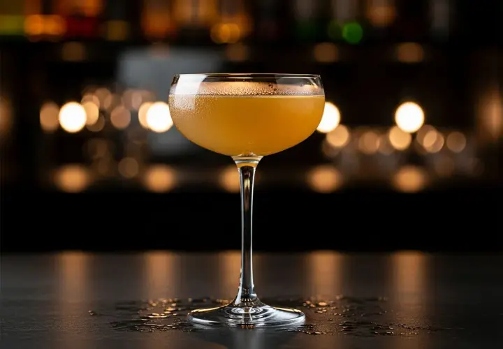 En gyllene alkoholfri margarita i ett elegant glas, med en mjukt suddig bakgrund av barbelysning.