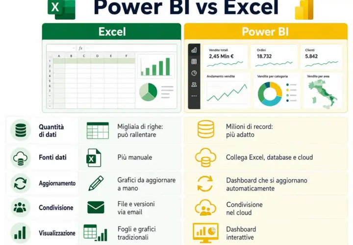 Confronto tra Excel e Power BI: gestione dati, grafici e dashboard interattive per analisi avanzate.
