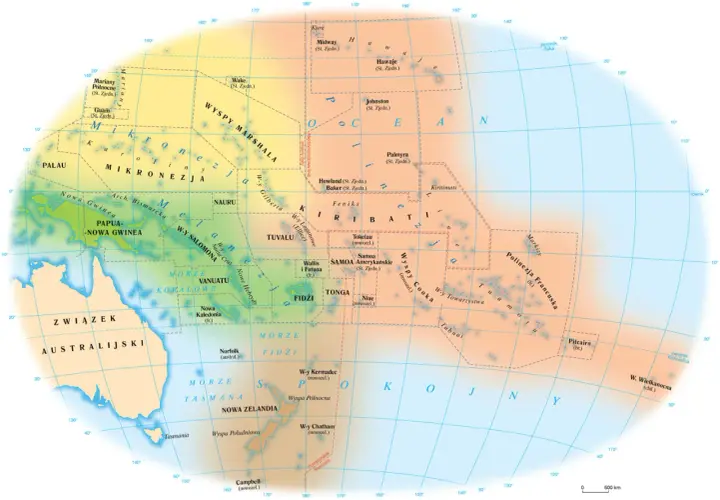 Mapa przedstawia kraje Oceanii, w tym Mikronezję, Polinezję i Melanezję, z zaznaczonymi wyspami i państwami.