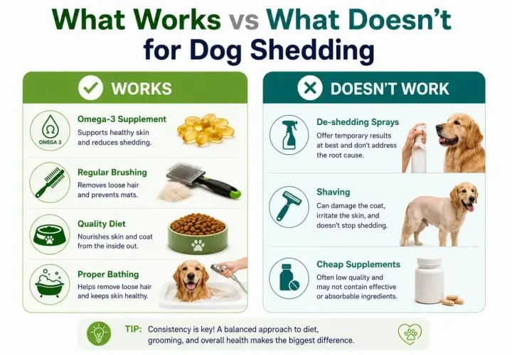 Learn why is my dog shedding so much. This infographic shows what works (Omega-3, brushing, diet, bathing) vs. what doesn't (sprays, shaving, cheap supplements).