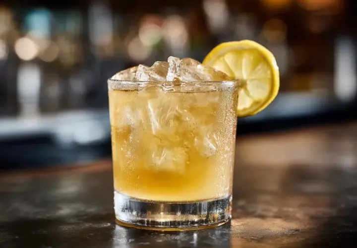 En kyld whisky sour med is och en citronskiva, redo att avnjutas.