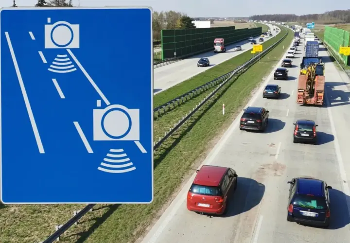 Znak informuje o odcinkowym pomiarze prędkości na A1. Uważaj na kamery!