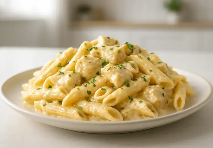 Penne z kurczakiem w kremowym sosie śmietanowo-serowym, posypane natką pietruszki. Pyszne danie, które zachwyci każdego.