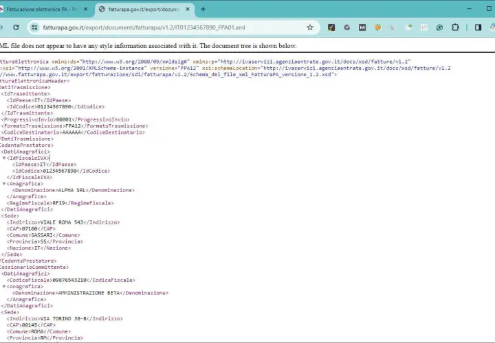 Dettagli di una fattura elettronica in formato XML, con informazioni su mittente, cessionario e dati anagrafici. L'estensione xml è fondamentale per la trasmissione.