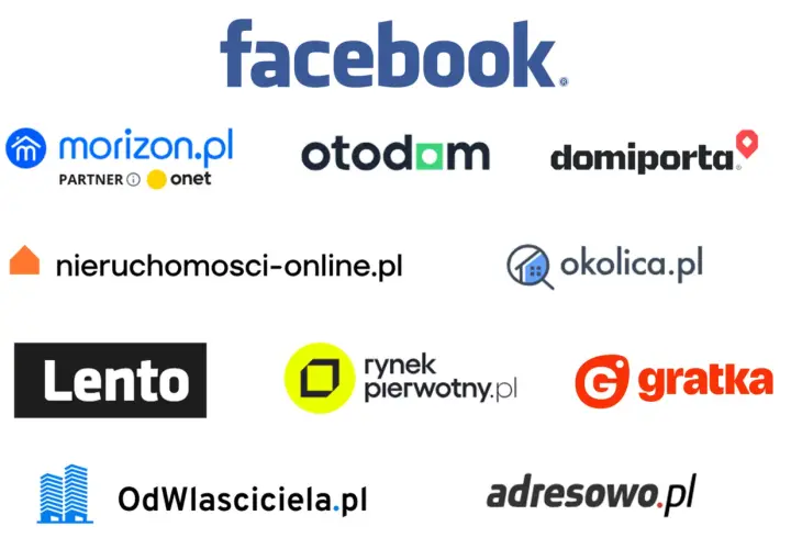 Najpopularniejsze portale ogłoszeniowe: Facebook, Morizon, Otodom, Domiporta, Nieruchomości-online, Okolica, Lento, Rynek Pierwotny, Gratka, OdWlasciciela, Adresowo.