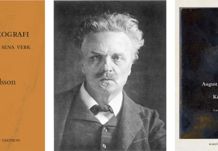 Tre delar av bokomslag. Ett med texten "Paradoxografi Strindbergs sena verk Ulf Olsson". Ett porträtt av August Strindberg. Ett med texten "August Strindberg Köra och vända".