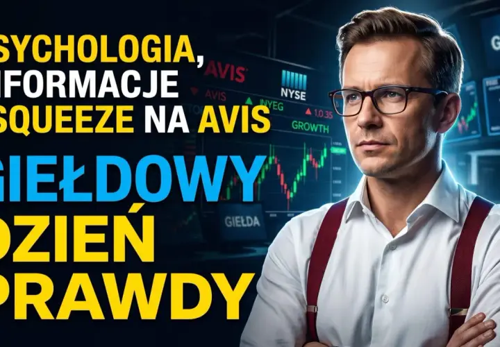 Mężczyzna w okularach na tle wykresów giełdowych. Temat: "Psychologia, informacje i squeeze na Avis. Giełdowy dzień prawdy". Gorące dyskusje giełda.