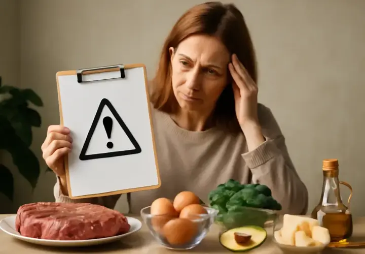 Donna preoccupata tiene un cartello con punto esclamativo, circondata da cibi. Forse è ora di non mangiare carne.