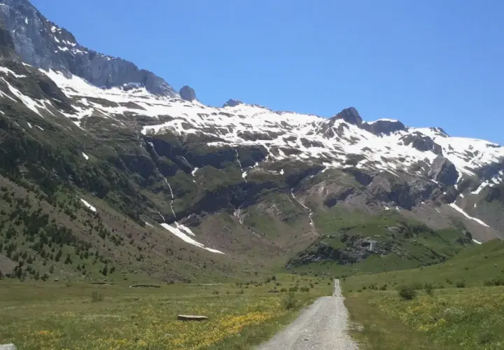 Camino de grava serpentea por el verde valle de Otal, flanqueado por imponentes montañas nevadas bajo un cielo azul claro.