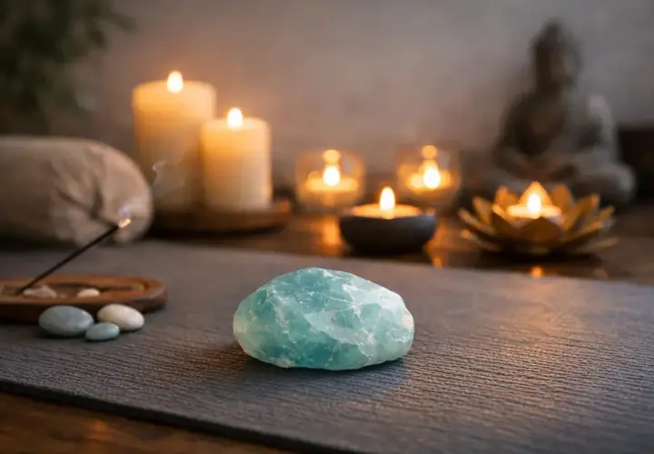 Piedra aguamarina, velas encendidas y figura de Buda. El significado espiritual de la piedra aguamarina se asocia con la calma y la comunicación.