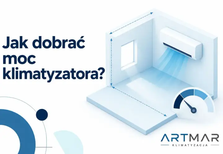 Jak dobrać moc klimatyzatora? Schemat pokazuje pomieszczenie z jednostką klimatyzacyjną i wskaźnik mocy.