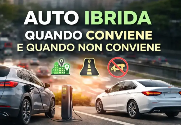 Auto ibrida: quando conviene e quando no. Il **full hybrid significato** è spiegato con icone: città, strada, divieto di accesso.
