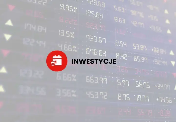 Wzór inwestycji na tle wykresów giełdowych. Czerwone koło z ikoną kalendarza i monet symbolizuje planowanie finansowe.