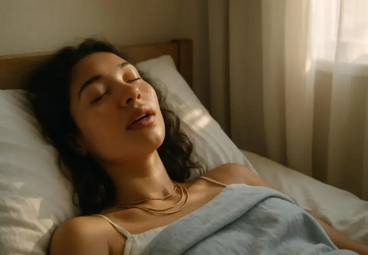 Una giovane donna dorme profondamente, con la bocca aperta e un leggero accenno di sbavare, avvolta in un lenzuolo azzurro.
