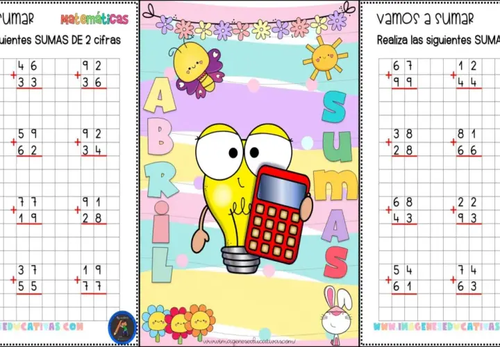 Hoja de sumas de dos cifras con dibujos infantiles y una calculadora.