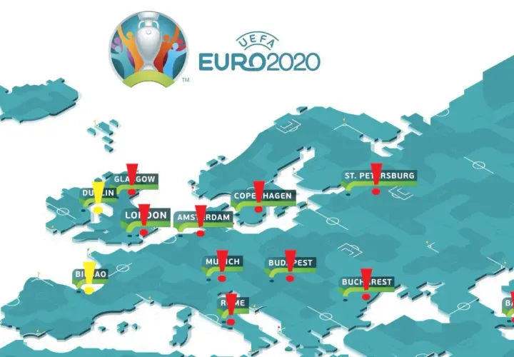 Mapa Europy z zaznaczonymi miastami, gdzie było Euro 2020: Londyn, Glasgow, Dublin, Amsterdam, Kopenhaga, Petersburg, Monachium, Budapeszt, Bukareszt, Baku, Bilbao i Rzym.