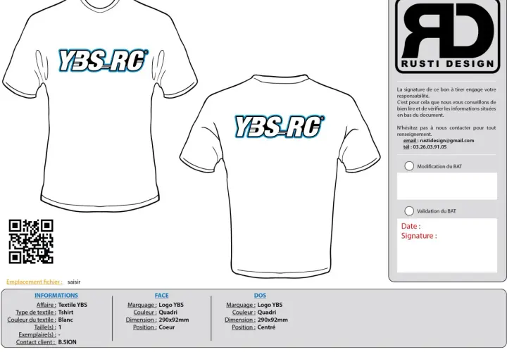 Modèle de bon à tirer gratuit pour un t-shirt blanc avec logo YBS-RC. Détails des marquages face et dos.