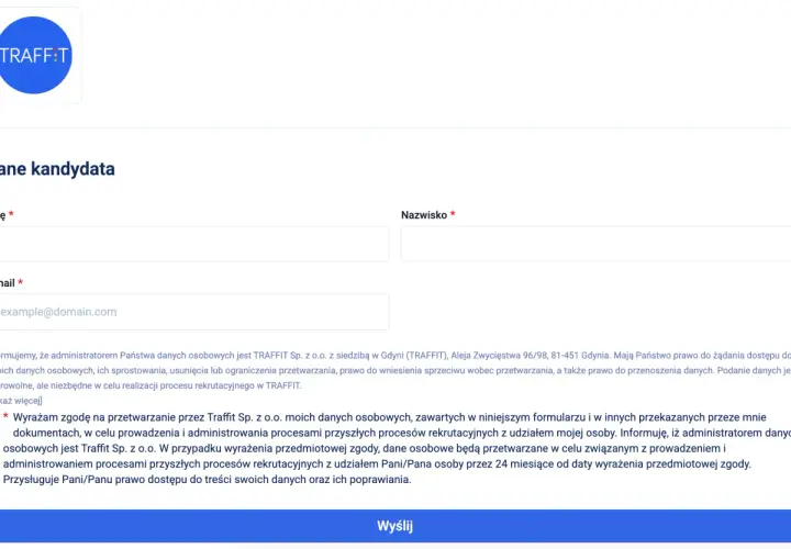 Formularz rekrutacyjny z polami na dane kandydata i klauzulą RODO.