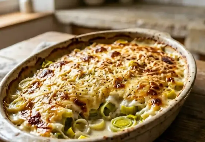 Un gratin poireaux béchamel doré et gratiné, prêt à être dégusté. Les poireaux fondants se marient à la perfection avec la sauce onctueuse.
