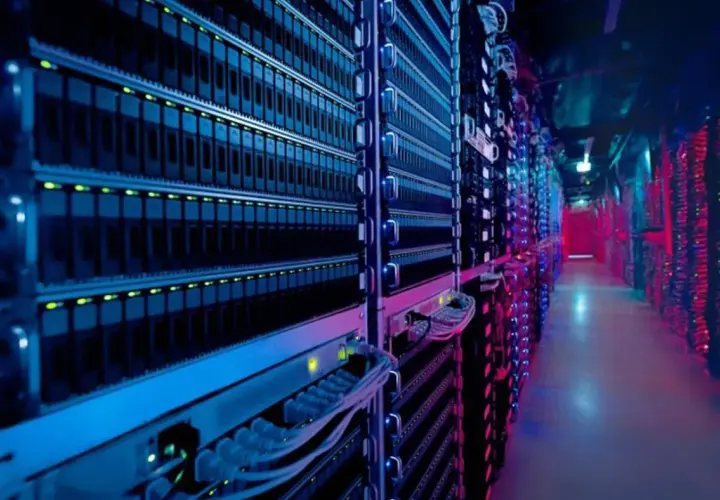 Allées d'un centre de données illuminées par des lumières bleues et rouges, montrant des rangées de 3 types de serveurs.