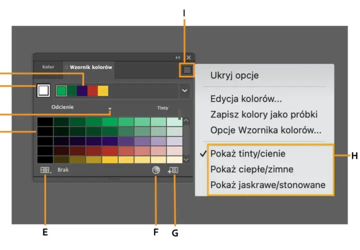 Panel "Wzornik kolorów" w Adobe, z paletą barw i opcjami wyświetlania odcieni.