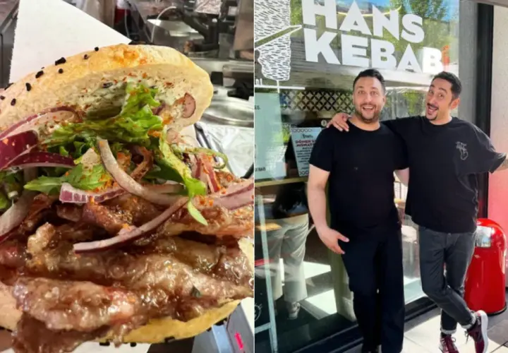 Pyszny kebab z wołowiną, warzywami i sosem, który może być najdroższym kebabem w Polsce. Dwóch mężczyzn pozuje przed lokalem "Hans Kebab".