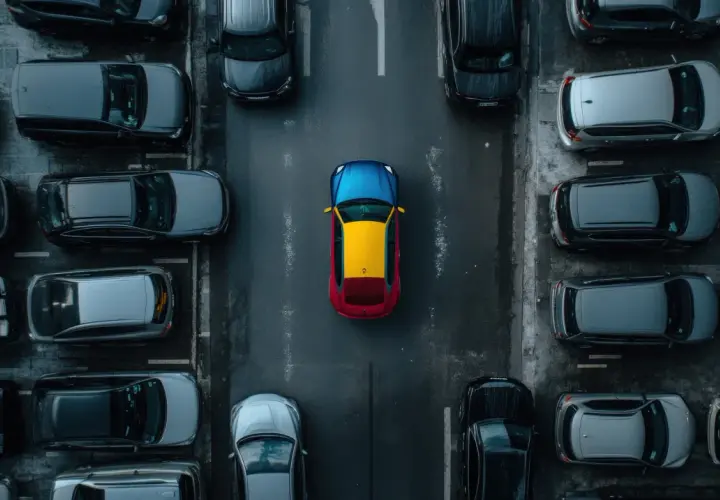 Parcheggio affollato, un'auto con i colori della bandiera venezuelana spicca tra le altre. Un **allarme variazione** per **fare una sosta** in questo mare di grigio.