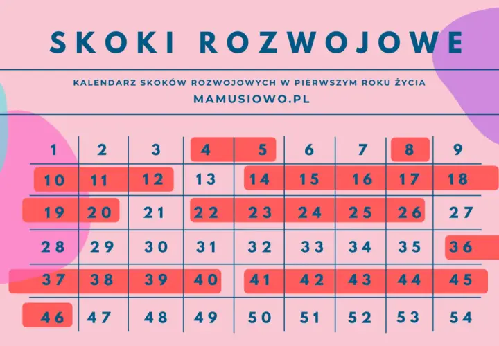Kalendarz skoków rozwojowych u dziecka w pierwszym roku życia. Kolorowe pola z numerami tygodni wskazują kluczowe momenty rozwoju.