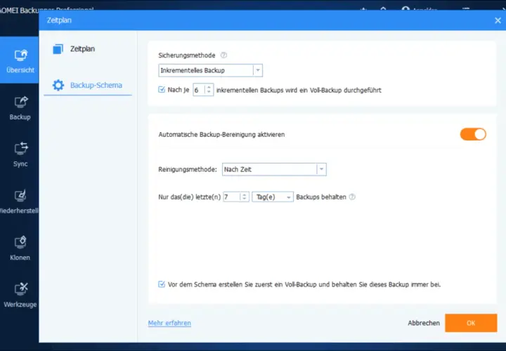 AOMEI Backupper Professional: Zeitplan-Einstellungen für inkrementelle Backups und automatische Bereinigung.