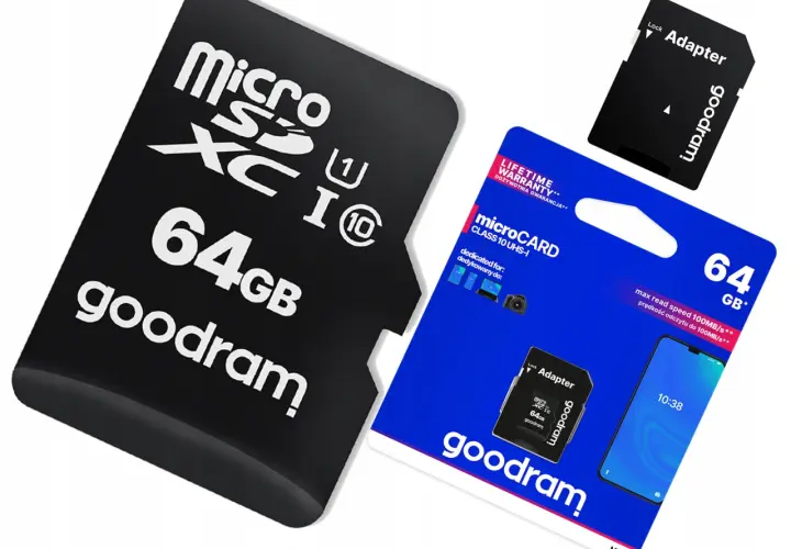 Karty microSD Goodram 64GB: jedna osobno, druga w opakowaniu z adapterem. Różne rodzaje kart microSD.