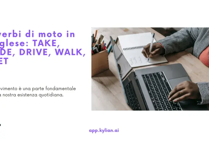 Persona ha scritto "take", "ride", "drive", "walk", "get" su un quaderno, studiando verbi di moto in inglese.