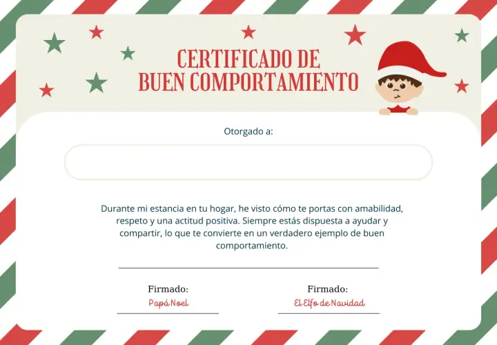Certificado de buen comportamiento otorgado por Papá Noel y un elfo. Es como una carta de despedida de los elfos, reconociendo tu amabilidad y actitud positiva.