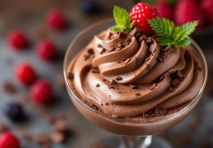 Une coupe de mousse au chocolat onctueuse, garnie de copeaux de chocolat, d'une framboise et de menthe. Parfait pour une recette mousse au chocolat onctueuse.