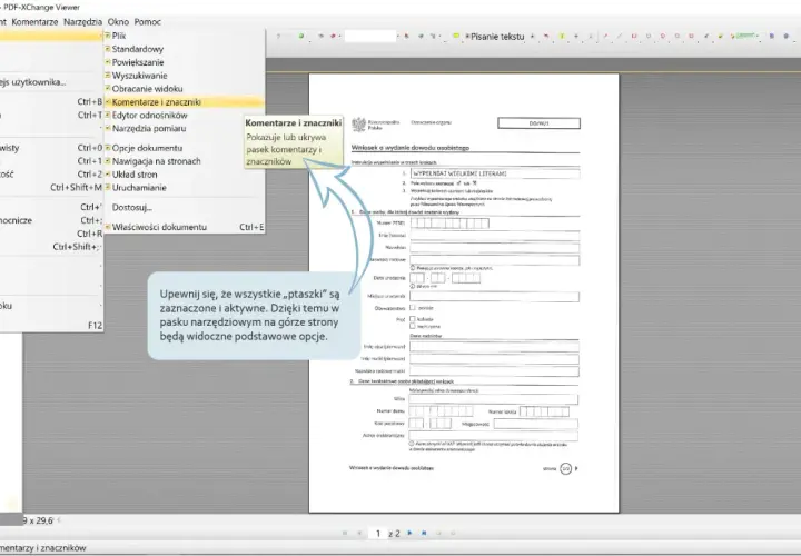 Menu "Widok" w programie PDF-XChange Viewer, gdzie można aktywować pasek narzędziowy, jak zręczny **akrobat** dostosowuje się do potrzeb użytkownika.