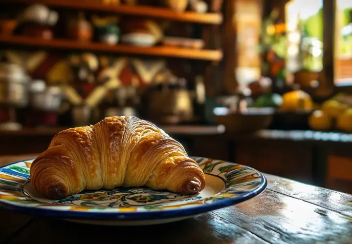 Croissant dorado sobre plato decorado. Los ingredientes de croissant, como la mantequilla y la harina, se transforman en esta delicia.