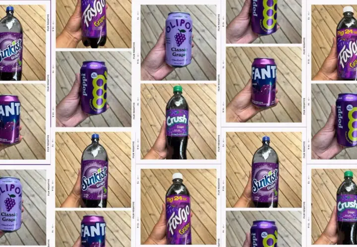 Kolaż zdjęć z różnymi napojami o smaku winogronowym, m.in. Fanta, Sunkist, Crush, Faygo, Poppi.