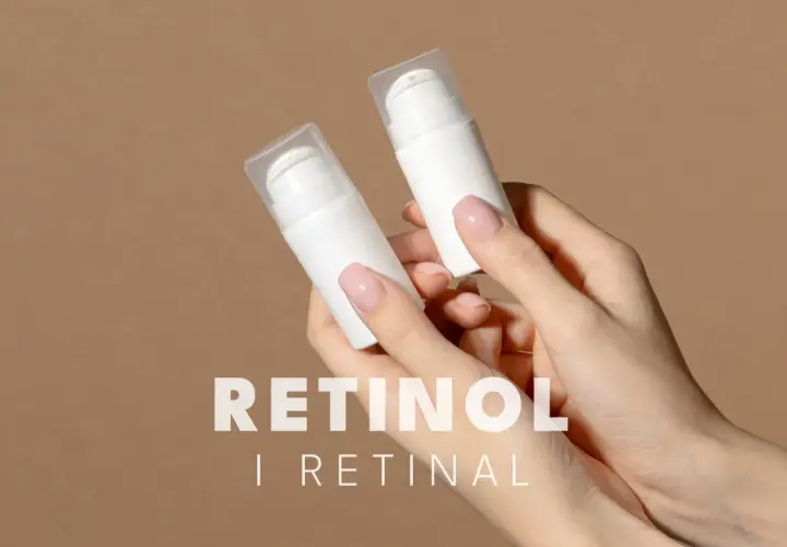 Dwie białe buteleczki z pompką w dłoniach. Tekst: RETINOL i RETINAL.