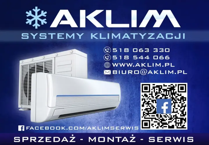 Reklama firmy AKLIM: systemy klimatyzacji, dane kontaktowe, QR kod, Facebook.